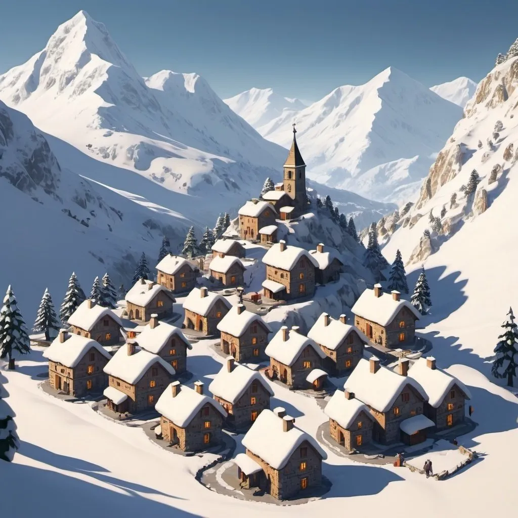 Prompt: make a nice warm village halfway up a snowy mountain make it smaller
