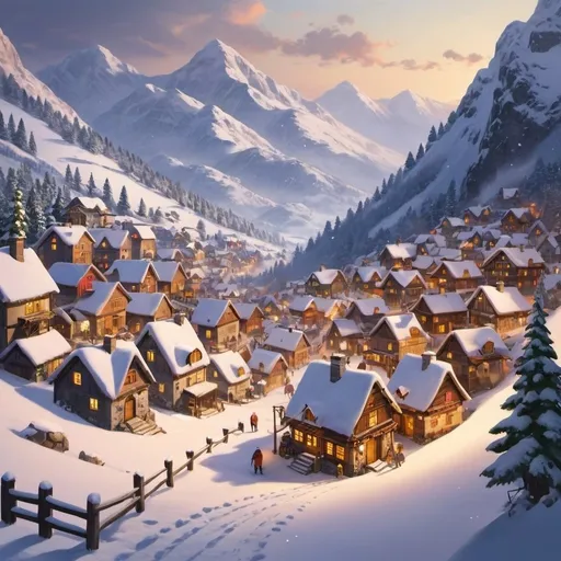 Prompt: make a nice warm village halfway up a snowy mountain