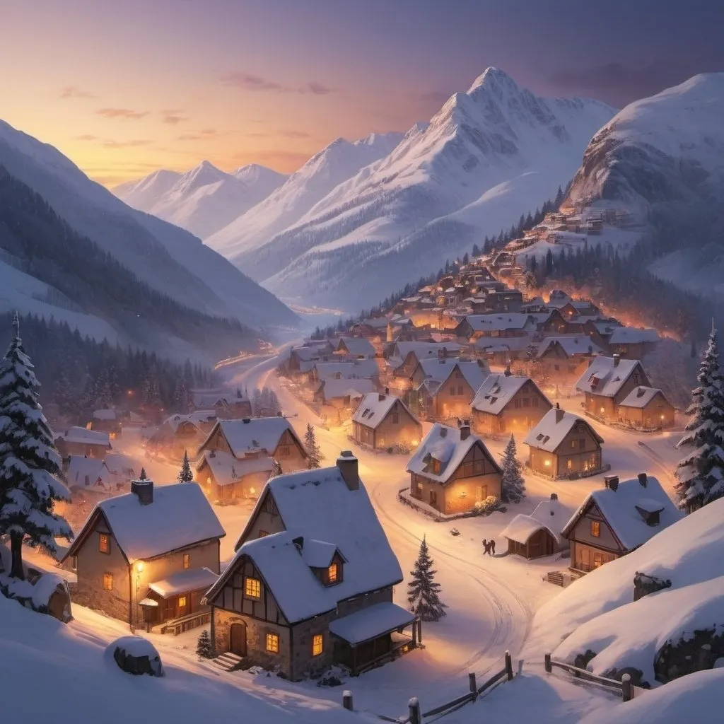 Prompt: Make a warm snowy village on the peek of a mountain at dusk