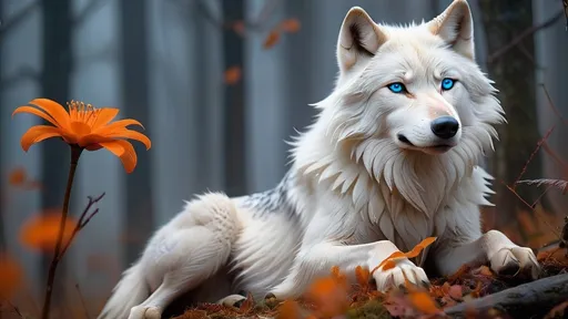 Prompt: Emerging from a dense veil of mist, a majestic white wolf stands solemnly, its piercing blue eyes reflecting a mix of curiosity and melancholy. The ethereal fog wraps around its form, enhancing the tranquility of the scene, where the soft, muted tones create an atmosphere steeped in serenity and mystique. The wolf's thick fur bristles slightly, adorned with delicate feathers that suggest a deeper connection to nature, while just beneath its gaze rests a solitary orange flower, vibrant against the monochromatic backdrop. This juxtaposition of the wolf's imposing presence and the fragile bloom evokes a narrative of quiet introspection and the interplay between strength and vulnerability in an enchanting, dreamlike setting.