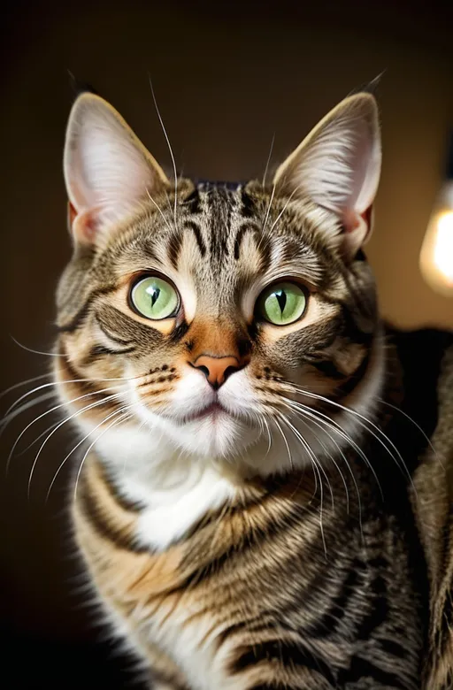 Prompt: A close-up of an inquisitive tabby cat reveals its striking features, with a mix of brown stripes and a white underbelly that accentuates its expressive face. The cat’s large, bright green eyes are wide open, conveying curiosity and a hint of playfulness, while its ears stand alert, suggesting attentiveness to its surroundings. Soft lighting highlights the cat's smooth fur and delicate whiskers, creating a warm and inviting atmosphere. The blurred background hints at a cozy indoor space, enhancing the overall intimate feel of the composition, which captures a moment of quiet exploration in the life of this charming feline.