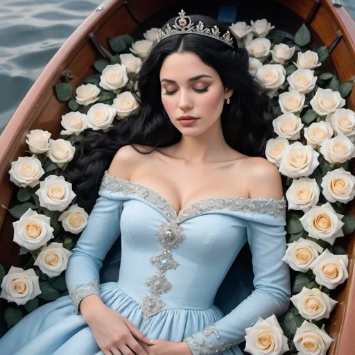 Prompt: Woman in a regal light blue dress with long sleeves that are off shoulder.  black hair sleeping in a bed of white roses inside a boat. give her a crown. Have her sleeping like snow white but no smile.  hands resting crossed on her stomach. make her dress more formal with gems


