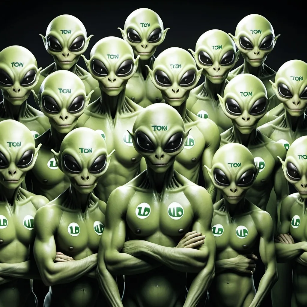 Prompt: 12 aliens with their leader wearing a ton logo on their chest
