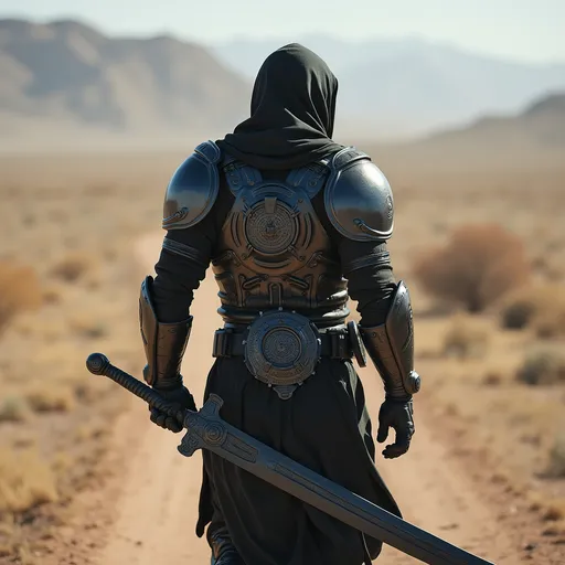 Prompt: "A Black Moorish man wearing modern, futuristic Moorish armor and clothing, walking into the distance with his back turned while holding a high-tech sword."