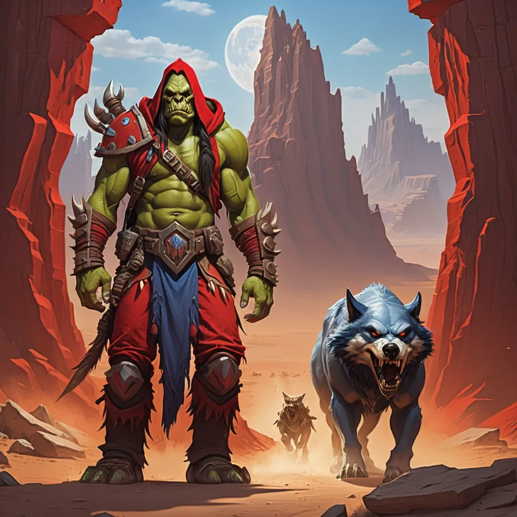 Prompt: a warcraft orc standing on the left and a warcraft orc hooded shaman riding a wolf on the right. Arid badlands background, red armor