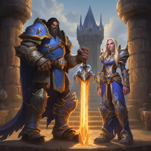 Prompt: a warcraft knight standing on the left and a warcraft mage on the right. behind them a tower