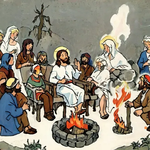 Prompt: Jesus Christ sitting around a fire, telling stories to men and women,