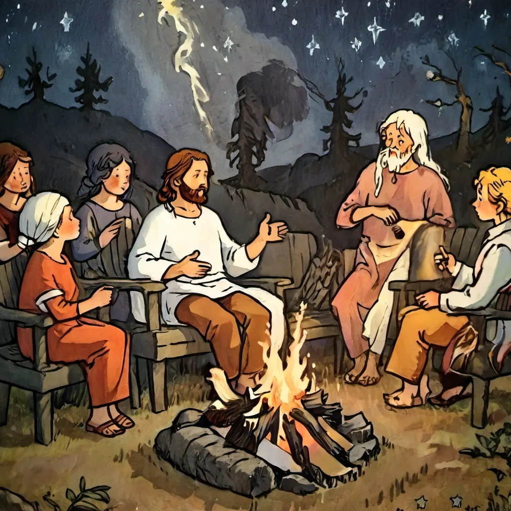 Prompt: Jesus Christ sitting around a fire, telling stories to men and women,