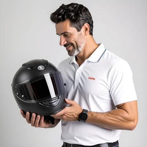 Prompt: A middle aged man in early 40's holding a motorcycle helmet, staring at it, analyzing it, with a very subtle smile. His clothes should be  a  white polo shirt with a company logo on it. Man should be facing left