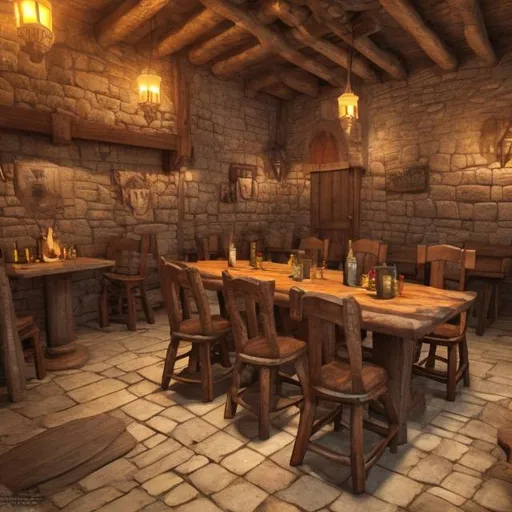 Prompt: medieval tavern with a table and 4 chairs, artistic style 
