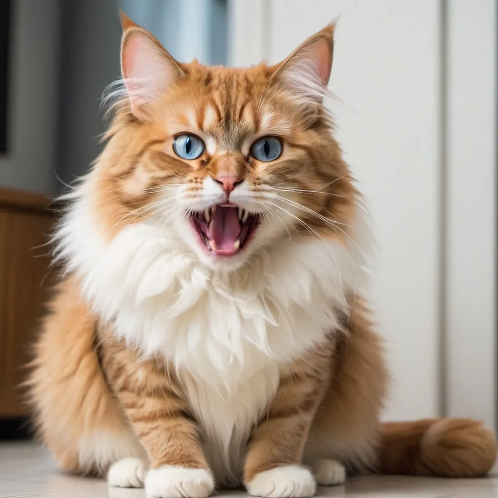 Prompt: A beautiful cat with fluff factor, meowing performance,laser eye