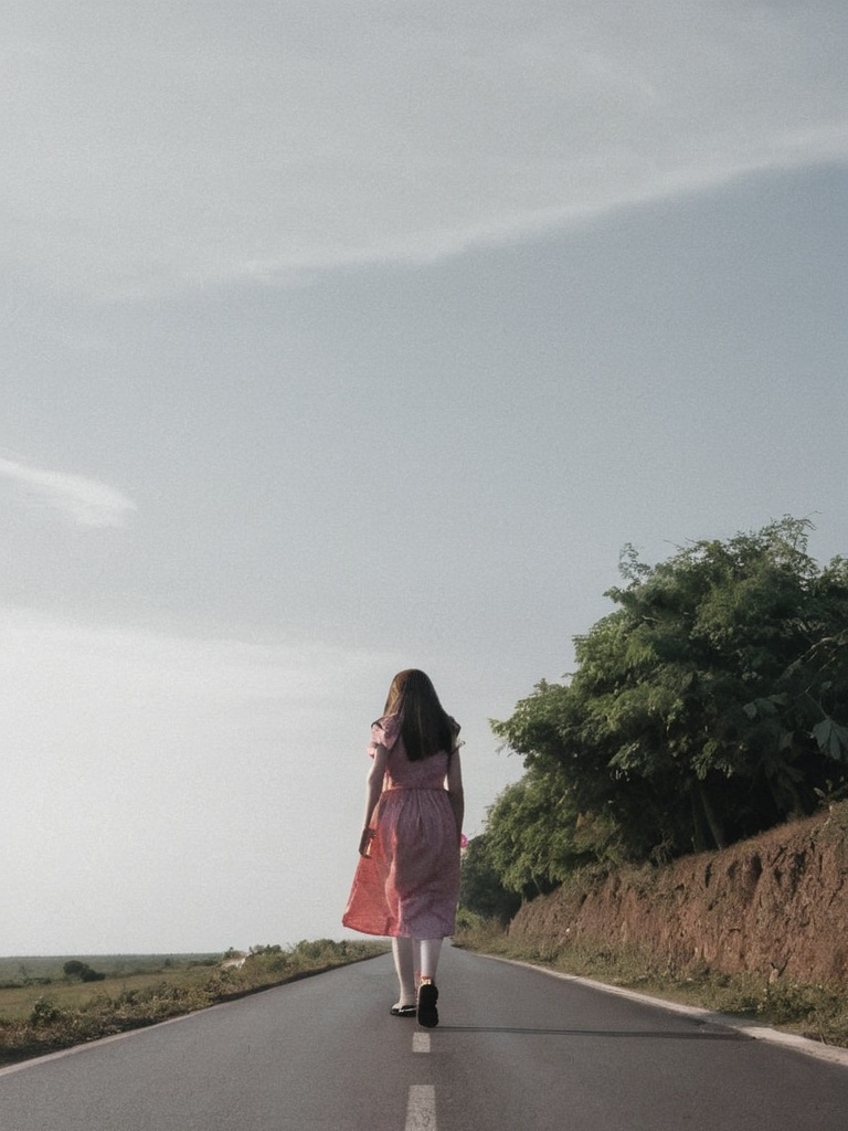 Prompt: A girl is walking on the road 