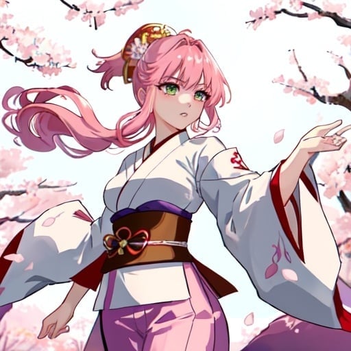 Prompt: Sakura is a martial artist who possesses both strength and grace. With her calm and serene demeanor, she exudes an aura of tranquility wherever she goes. Sakura has piercing emerald green eyes that reflect her inner determination and focus. Her hair is a rich shade of cherry blossom pink, flowing down in elegant waves that frame her face and reach just past her shoulders. Sakura's martial arts attire consists of a traditional kimono-inspired outfit, updated with modern elements for ease of movement and comfort. She wears a fitted top with intricate cherry blossom patterns and flowing pants that allow for fluid motion. Sakura's martial arts skills are unmatched, and she approaches every challenge with a combination of skill, strategy, and inner strength. 
