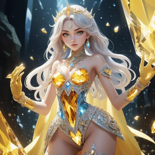 Prompt: an anime-style 8k artwork portraying a young, magical woman in a diamond outfit with yellow crystals. the scene includes dynamic lighting and detailed elements like leg high boots, overarm gloves,  intricate glimmer in a crystal world setting. the artwork features a variety of model poses, a makeup look, and colorful fingernails, with anime-style facial features and body proportions.

