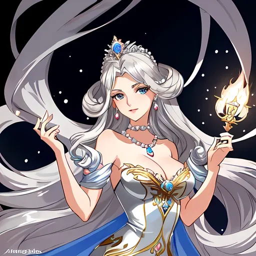 Prompt: Aurelia is a graceful and elegant character, reminiscent of the 2010s Decor style, with a touch of vintage charm inspired by 1990s arcade point-and-click adventure games. Her appearance is akin to the artistry of Mike Ploog, combining soft blue eyes, rosy pink lips, and flowing wavy silver hair with delicate pearl accessories and a refined sense of decoration.

Aurelia embodies the essence of grace and sophistication, carrying herself with poise and elegance befitting of royalty. Despite her regal demeanor, she possesses a gentle and compassionate heart, always seeking to help those in need and bring light to dark places.

