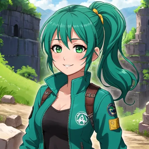 Prompt: an anime girl character named Aria. She's a spirited and adventurous young woman with a love for exploration and discovery. Aria has bright green eyes that sparkle with curiosity and a warm smile that lights up her face. Her hair is a vibrant shade of teal, cascading down in soft waves, and she often ties it up in a high ponytail adorned with a colorful ribbon. Aria wears a comfortable yet stylish outfit suited for her adventures, featuring a fitted leather  jacket that reveals a reveals a crop top,  cargo pants, and sturdy boots. She's always ready for anything that comes her way, whether it's scaling mountains, delving into ancient ruins, or simply enjoying the beauty of nature around her. W