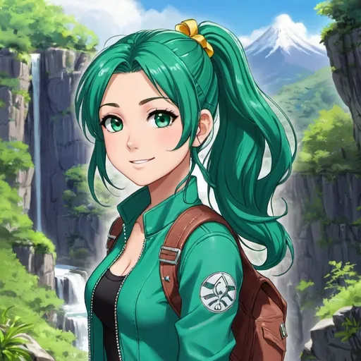 Prompt: an anime girl character named Aria. She's a spirited and adventurous young woman with a love for exploration and discovery. Aria has bright green eyes that sparkle with curiosity and a warm smile that lights up her face. Her hair is a vibrant shade of teal, cascading down in soft waves, and she often ties it up in a high ponytail adorned with a colorful ribbon. Aria wears a comfortable yet stylish outfit suited for her adventures, featuring a fitted leather  jacket that reveals a reveals a crop top,  cargo pants, and sturdy boots. She's always ready for anything that comes her way, whether it's scaling mountains, delving into ancient ruins, or simply enjoying the beauty of nature around her.  (full body)