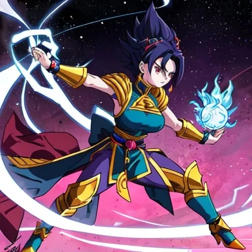 Prompt: Vara, who draws inspiration from the legendary Saiyan warrior, Vegeta. Vara possesses a fierce and indomitable spirit, with a burning desire to constantly push her limits and surpass any challenge that comes her way. With her intense onyx eyes that radiate with determination, Vara exudes an aura of confidence and strength. Her hair is a vibrant shade of royal blue, styled in a bold and angular cut that reflects her warrior spirit.

Vara's attire reflects her Saiyan heritage, featuring a sleek and form-fitting battle suit adorned with Saiyan emblems and symbols. She wears armored gauntlets and boots that enhance her combat capabilities, ready to unleash devastating attacks with unmatched precision. Vara's combat style is aggressive and relentless, with each strike delivering a powerful impact that leaves her opponents in awe. 