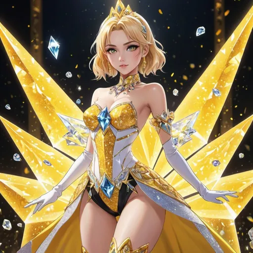 Prompt: an anime-style 8k artwork portraying a young, magical woman in a diamond outfit with yellow crystals. the scene includes dynamic lighting and detailed elements like leg high boots, overarm gloves,  intricate glimmer in a crystal world setting. the artwork features a variety of model poses, a makeup look, and colorful fingernails, with anime-style facial features and body proportions.

