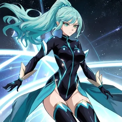 Prompt: an anime girl named Sonata, who channels the speed and agility of Speed o' Sonic from 'One Punch Man.' Sonata is a nimble and agile fighter with lightning-fast reflexes and a competitive edge. With her piercing emerald eyes that gleam with determination, Sonata exudes an air of confidence and readiness for action. Her hair is a sleek and glossy shade of midnight black, styled in a dynamic and aerodynamic manner that reflects her swift movements.

Sonata's attire is sleek and streamlined, designed for maximum mobility and agility in combat. She wears a form-fitting bodysuit 