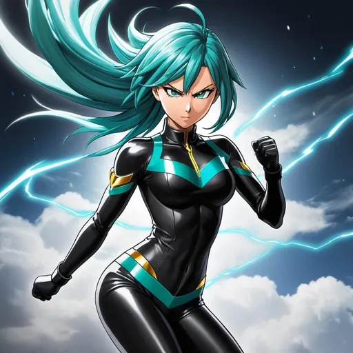 Prompt: an anime very pretty girl named Sonata, who channels the speed and agility of Speed o' Sonic from 'One Punch Man.' Sonata is a nimble and agile fighter with lightning-fast reflexes and a competitive edge. With her piercing emerald eyes that gleam with determination, Sonata exudes an air of confidence and readiness for action. Her hair is a sleek and glossy shade of midnight black, styled in a dynamic and aerodynamic manner that reflects her swift movements.

Sonata's attire is sleek and streamlined, designed for maximum mobility and agility in combat. She wears a form-fitting bodysuit 