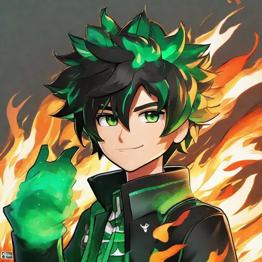 Prompt: The character, a JJk-inspired figure, sports a messy, wavy, and fluffy Roblox anime boy haircut framing their face, with hues transitioning from rich black to striking emerald green. Soft and dynamic in texture, the hair is complemented by small flames intricately woven into the strands, showcasing the character's fire-based abilities.

Their face exhibits sharp determination, highlighted by vibrant green eyes reflecting vitality. Thin, arched eyebrows convey confidence, while a well-defined nose and strong jawline add to their masculine appearance.

With a lean and athletic build and a slightly above-average height, the character exudes confidence and readiness for action. Their attire, a practical yet stylish ensemble, features a black leather jacket open to reveal a green shirt with flame-like patterns, subtly accented with red and orange. Slim-fit black jeans and high-top sneakers complete the look, along with fingerless gloves.

In possession of the Inferno Blade, a sword crafted from the essence of flames, the character embodies intense heat and power. Their posture suggests preparedness to spring into action at any moment, showcasing their formidable prowess in combat.





