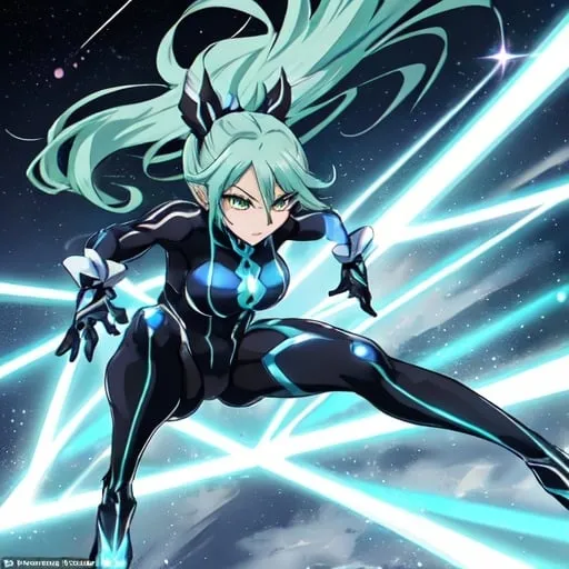 Prompt: an anime girl named Sonata, who channels the speed and agility of Speed o' Sonic from 'One Punch Man.' Sonata is a nimble and agile fighter with lightning-fast reflexes and a competitive edge. With her piercing emerald eyes that gleam with determination, Sonata exudes an air of confidence and readiness for action. Her hair is a sleek and glossy shade of midnight black, styled in a dynamic and aerodynamic manner that reflects her swift movements.

Sonata's attire is sleek and streamlined, designed for maximum mobility and agility in combat. She wears a form-fitting bodysuit 