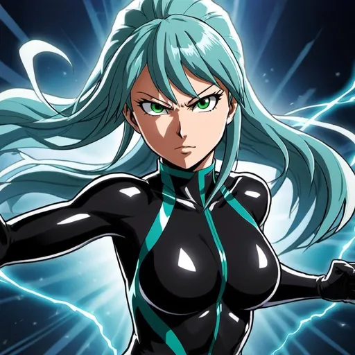 Prompt: an anime girl named Sonata, who channels the speed and agility of Speed o' Sonic from 'One Punch Man.' Sonata is a nimble and agile fighter with lightning-fast reflexes and a competitive edge. With her piercing emerald eyes that gleam with determination, Sonata exudes an air of confidence and readiness for action. Her hair is a sleek and glossy shade of midnight black, styled in a dynamic and aerodynamic manner that reflects her swift movements.

Sonata's attire is sleek and streamlined, designed for maximum mobility and agility in combat. She wears a form-fitting bodysuit 