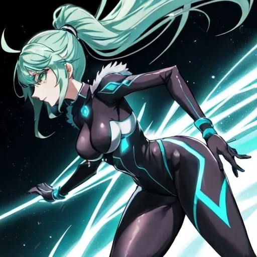 Prompt: an anime girl named Sonata, who channels the speed and agility of Speed o' Sonic from 'One Punch Man.' Sonata is a nimble and agile fighter with lightning-fast reflexes and a competitive edge. With her piercing emerald eyes that gleam with determination, Sonata exudes an air of confidence and readiness for action. Her hair is a sleek and glossy shade of midnight black, styled in a dynamic and aerodynamic manner that reflects her swift movements.

Sonata's attire is sleek and streamlined, designed for maximum mobility and agility in combat. She wears a form-fitting bodysuit 
