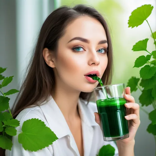 Prompt: A beautiful woman drinking chlorophyll drink