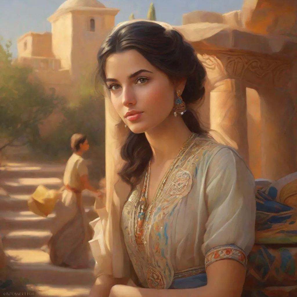 Prompt: A 25 years old Algerian women, pale olive skin, dark hair, beautiful almond eyes,  light brown eyes, traditional dress, Ancient, cartoony, photorealistic, sunny atmosphere, detailed environment, detailed background, intricate, detailed skin, natural colors , professionally color graded, extremely detailed painting by Greg Rutkowski and by Steve Henderson  and by Henry Justice Ford 