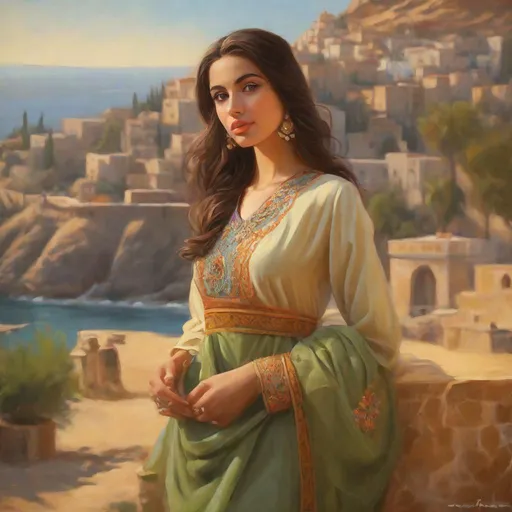 Prompt: A 25 years old Algerian women, pale olive skin, dark hair, beautiful almond eyes,  light brown eyes, traditional dress, Ancient, cartoony, photorealistic, sunny atmosphere, detailed environment, detailed background, intricate, detailed skin, natural colors , professionally color graded, extremely detailed painting by Greg Rutkowski and by Steve Henderson  and by Henry Justice Ford 