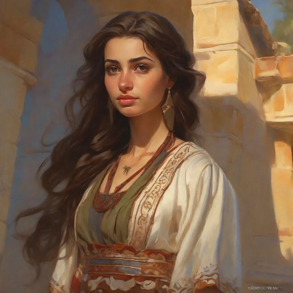 Prompt: A 25 years old Algerian women, pale olive skin, dark hair, brown eyes, traditional dress, Ancient, cartoony, photorealistic, sunny atmosphere, extremely detailed painting by Greg Rutkowski and by Steve Henderson  and by Henry Justice Ford 