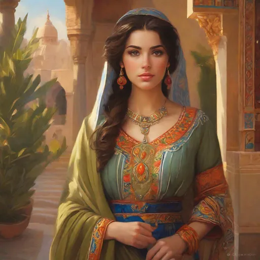 Prompt: A 25 years old Algerian women, pale olive skin, dark hair, beautiful almond eyes,  light brown eyes, traditional dress, Ancient, cartoony, photorealistic, sunny atmosphere, detailed environment, detailed background, intricate, detailed skin, natural colors , professionally color graded, extremely detailed painting by Greg Rutkowski and by Steve Henderson  and by Henry Justice Ford 