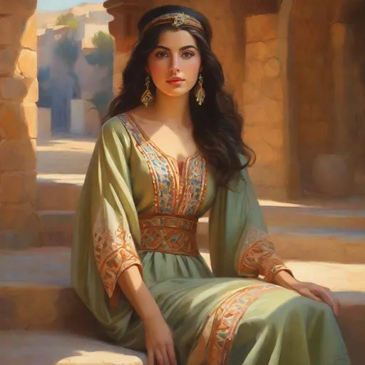 Prompt: A 25 years old Algerian women, pale olive skin, dark hair, beautiful almond light brown eyes, traditional dress, Ancient, cartoony, photorealistic, sunny atmosphere, extremely detailed painting by Greg Rutkowski and by Steve Henderson  and by Henry Justice Ford 