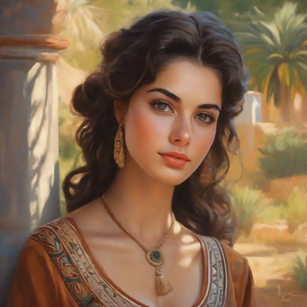 Prompt: A 25 years old Algerian women, pale olive skin, dark hair, beautiful almond eyes,  light brown eyes, traditional dress, Ancient, cartoony, photorealistic, sunny atmosphere, detailed environment, detailed background, intricate, detailed skin, natural colors , professionally color graded, extremely detailed painting by Greg Rutkowski and by Steve Henderson  and by Henry Justice Ford 