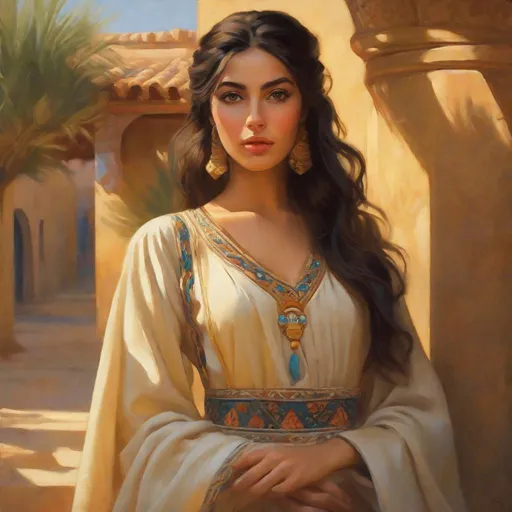 Prompt: A 25 years old Algerian women, pale olive skin, dark hair, beautiful almond light brown eyes, traditional dress, Ancient, cartoony, photorealistic, sunny atmosphere, extremely detailed painting by Greg Rutkowski and by Steve Henderson  and by Henry Justice Ford 