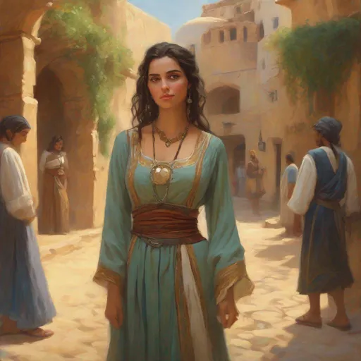 Prompt: A 25 years old Algerian women, pale olive skin, dark hair, brown eyes, traditional dress, Ancient, cartoony, photorealistic, sunny atmosphere, extremely detailed painting by Greg Rutkowski and by Steve Henderson  and by Henry Justice Ford 