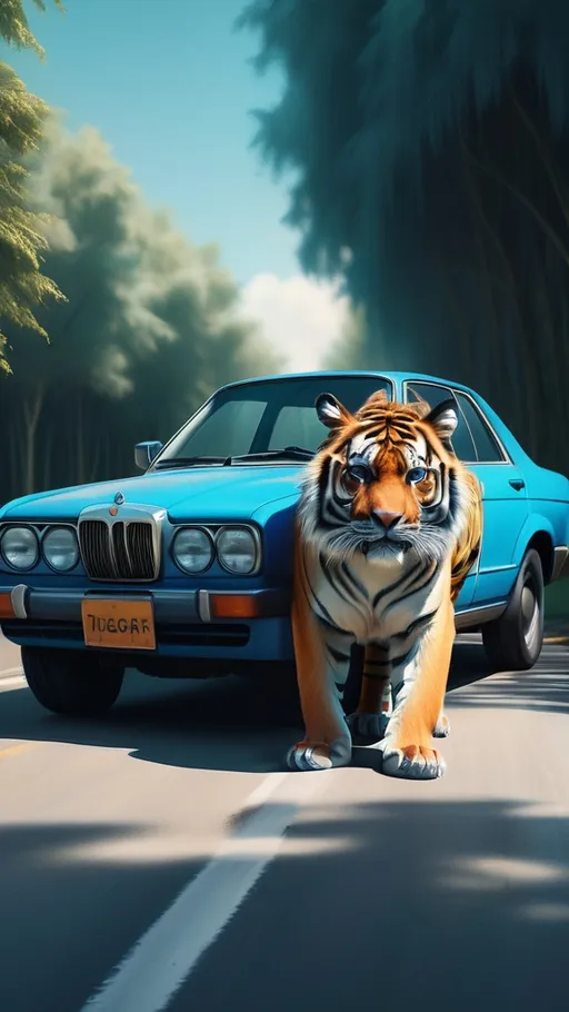 Prompt: a blue car and a tiger sitting on the road next to it's head and tail, with trees in the background, Beeple, photorealism, realistic photo, a hyperrealistic painting