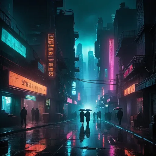 Prompt: create a rich dystopian future similar to Blade Runner, picturing a street at night, businesses, billboards, and various people walking through the shadows....