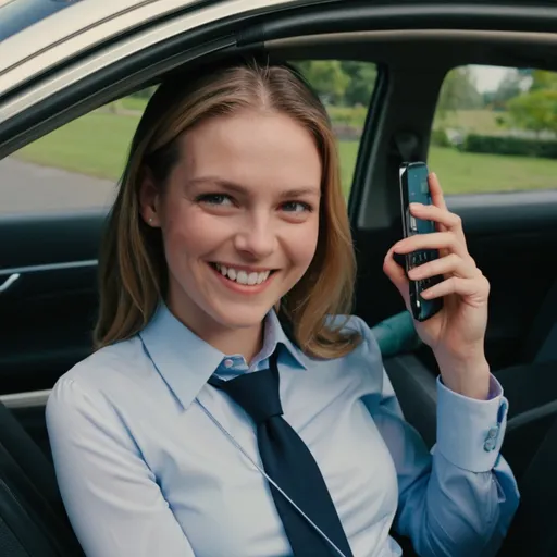 Prompt: a woman in a tie and a cell phone smiling for the camera while sitting in a car with a car door open, Christabel Dennison, mannerism, short smile, a screenshot