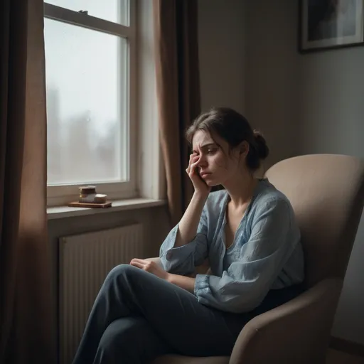 Prompt: A lonely woman sitting in a armchair by the window with a tear on her cheek,with a photo of a person in her hand 