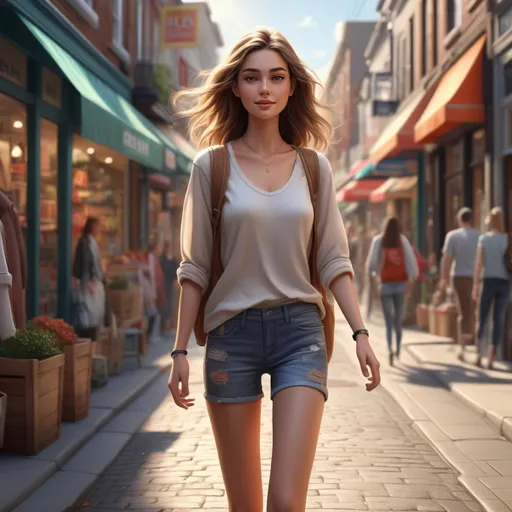 Prompt: Tall young woman (realistic), walking down the high street, detailed clothing, beautiful neighborhood atmosphere, natural lighting streaming through, vibrant shop displays, bustling street life, sun-kissed scene, cheerful ambiance, people interacting, clothes highlighting fashion style, invigorating urban vibe, high detail, ultra-detailed, HD.