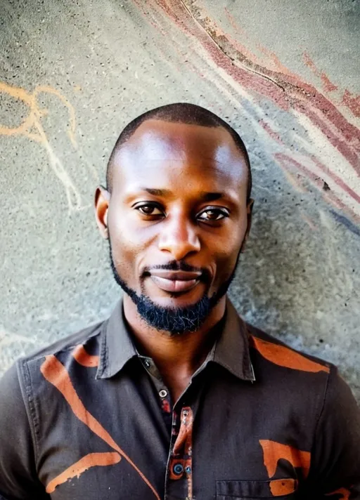 Prompt: Leaning against a textured gray concrete wall, a man presents a relaxed demeanor, his shirt adorned with an abstract pattern of dark browns and orange tones. His expression is calm, with a slight smile, and his closely cropped hair complements the overall neatness of his appearance. The natural lighting highlights his facial features, creating a warm ambiance that contrasts with the coolness of the stone background. The image captures a candid moment, evoking a sense of tranquility and ease in an outdoor setting.