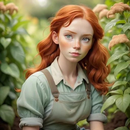 Prompt: Dreamy pastel full body portrait, farmer girl with ginger red hair and brown eye, working in a garden, soft focus