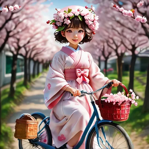 Prompt: Japanese school girl with cherry blossom gerland on head wearing a medi gown carrying a picnic basket riding bicycle