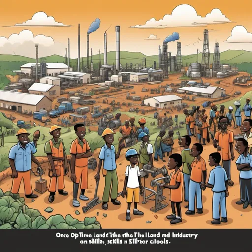 Prompt: I want a cartoon illustration that fits the slide with the title: Once opon a time in the Land of Skills and Industry…  an illustration cartoon with industries, workers in tanzania and also tvet schools
(no text on the picture, and can some people have different skin color (some ligter some darker). I also want it to be a more landscape photo of the land of the industry - less people more buildings. more women workers and poeple in the picture

