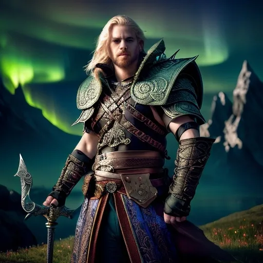 Prompt: A male norse hero without a helm. Blonde hair and beard. A magical broad sword.