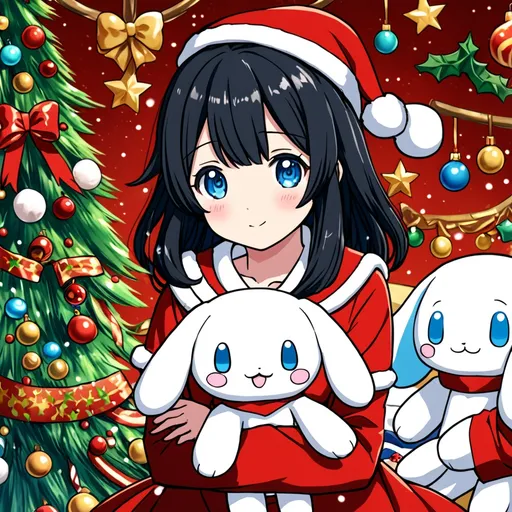 Prompt: anime, girl, detailed, black hair, cinnamoroll plushie, Christmas theme