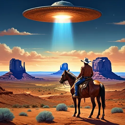 Prompt: (retro Western scene), cowboy on a horse, staring into the distance, (Monument Valley in the background), alien spaceships and tractor beams looming, stunning shades of blue, orange, and gold, vast desert landscape, warm vibrant hues, dramatic skies, a sense of adventure and mystery, (highly detailed, cinematic) capture, (4K ultra-detailed) quality. Flying saucer in the distance with a beam of light coming out of the bottom of it